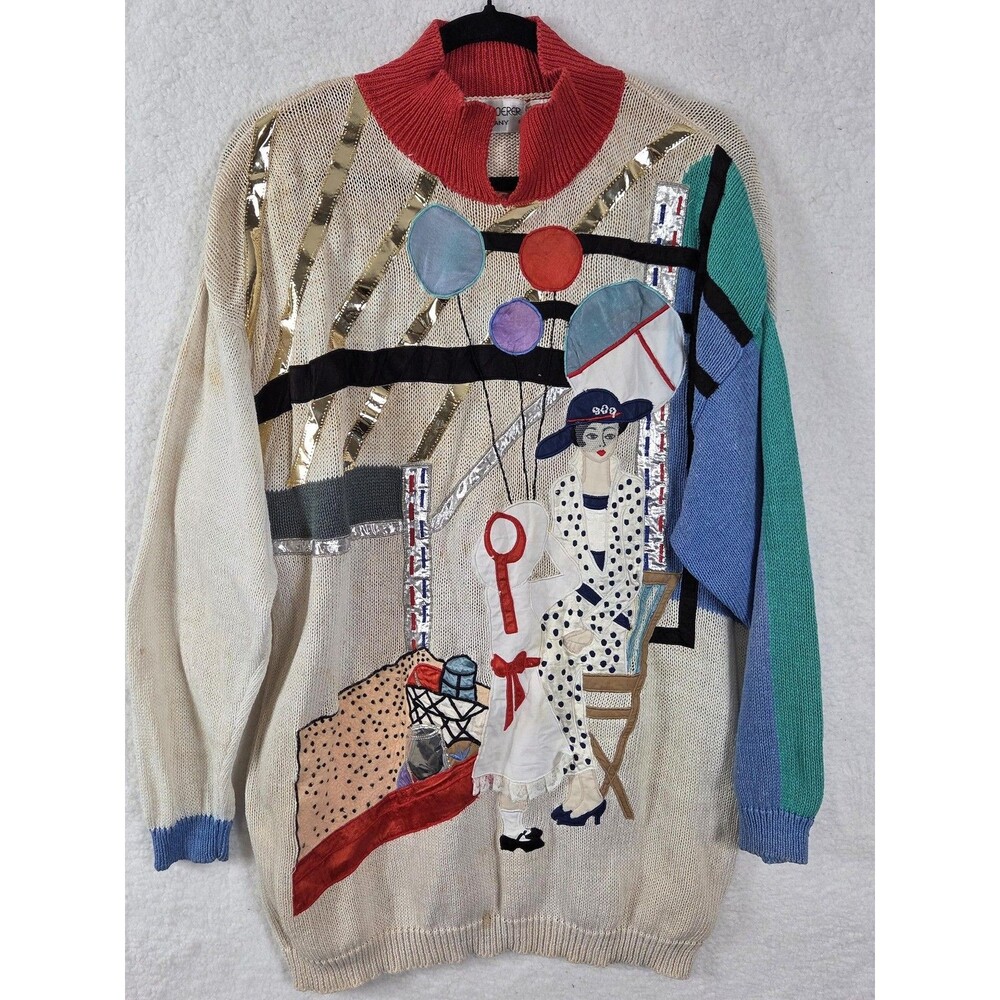Vtg 80s Bonnie Boerer Sweater Womens L Art‎ Graphic Mock Neck Knit Novelty